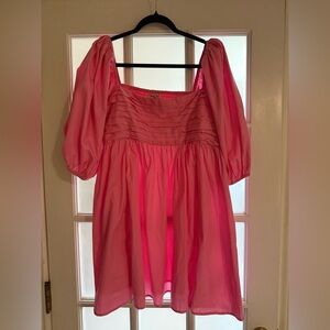 Abercrombie & Fitch Emerson Poplin Puff Sleeve Mini Dress in light pink XL